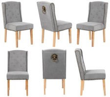 6 X Grey Velvet Dining Chairs , 12 Button Detail, Stud Detail Lion head knocker