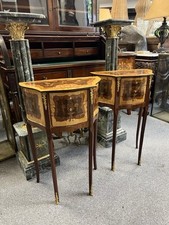 Pair of French Louis XVI Demi Lune Bedside Tables with 3 Drawers & Inlay