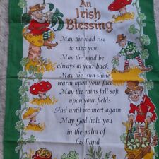 Vintage Tea Towel An Irish Blessing toadstools Leprechaun clover ELP