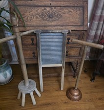 Vintage wooden dolly, Glass And Wooden Wash Board And Copper And Woodend Ponch.