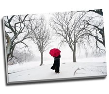 Black White & Red Umbrella In the Snow Canvas Print Wall Art 30x20" A1