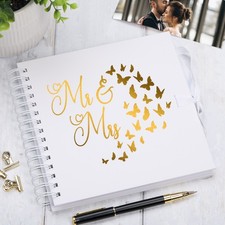 Mr & Mrs Wedding White Scrapbook Guest Book Photo album Gold Script Butterfly