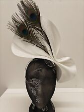 white large straw fascinator peacock feather millinery headband wedding hat