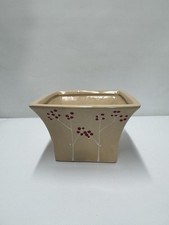 Decorative Square Ceramic Planter Cream Base with Red Berry Design Pot