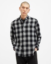 AllSaints Men's Black Plaid Button Up Shirt Relaxed Fit Long Sleeve Size XS