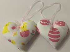 2 Retro Easter Heart Door Hangers Handmade With Bunnies And Eggs Cotton Fabric