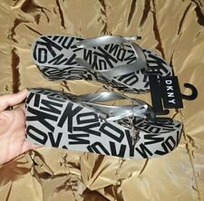 New Ladies Silver DKNY Logo Flip Flop Thongs Sandals Size 3.5 UK Beach Summer