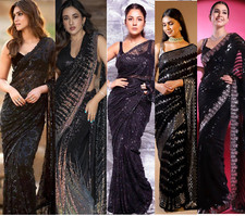 Bollywood party Sequence Designer Silk Saree indian sequin embroidery black sari