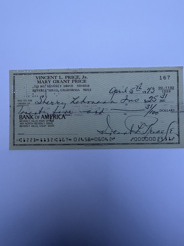 Vincent price signed cheque - vincent,