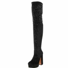 Shellys London Black Velvet Over The Knee Boots Thigh High Heel Platform Stretch