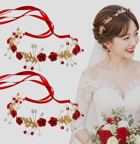 2pc red rose - rose, rhinestone