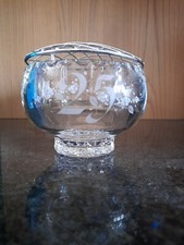 25th Anniversary, Silver Wedding Clear Crystal Rose Bowl with Metal Flower Frog