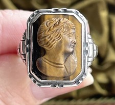 Rare Antique Norwegian European Silver Carved Tigers Eye Cameo Ring (UK) U