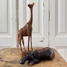 Vintage Wooden Giraffe & Hippopotamus Figure Ornament African 