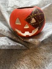 Handpainted Patchwork Jack O Lantern Carved Pumpkin Candle Holder Halloween