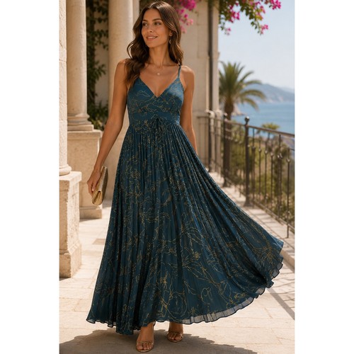 Teal gold floral - teal, pleated