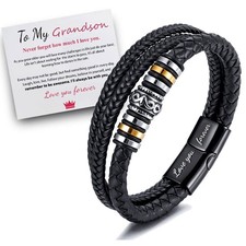 To My Grandson Men's Genuine Leather Stainless Steel Braided Bracelet Wristband