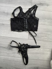 BNWT Vintage Ann Summers Black Genuine Real Leather & Lace Bikini Set Size S/M