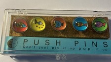 SET OF FIVE CUTE COLORFUL FISH CLEAR GLASS DOME MEMO BOARD PUSH PINS IN CASE
