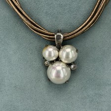 Miglio necklace faux pearl faux leather silver plated cord designer 17''