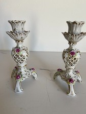 A PAIR OF VOLKSTEDT PORCELAIN CANDLE HOLDERS - HAND PAINTED - RETICULATED - VGC