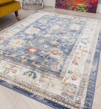 Blue Vintage Style Rugs Faded Design Old Style Pattern Large Modern Floor Rug