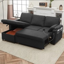 All-in-One L Shape Sofa Bed with Storage USB & Cupholders Grey Fabric