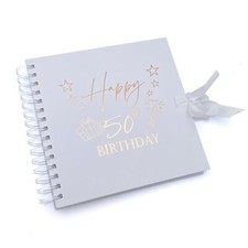 50th Birthday Present White Scrapbook, Guest Book, Photo album Rose Gold Script