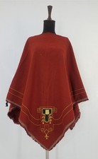 Vintage Traditional Mexican Hand-Embroidered Wool Poncho with Fringe Hem 