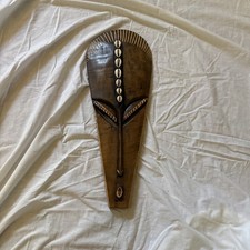 Vintage Handcrafted Indonesian Wooden Wall Hung Face Mask With Sea Shells 18”VGC