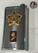 VINTAGE RUSSIAN CCCP MADE STAINLESS STEEL FLASK WITH BADGE AND LENIN LOGO