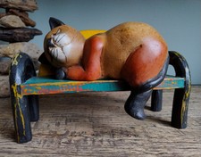 Rustic Brightly Painted Wooden Snoozing Sleeping Cat Lounging Relaxing on Bench