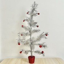 Vintage Silver Tinsel Christmas Tree 1960's 22” Tall Red Glass Mercury Baubles