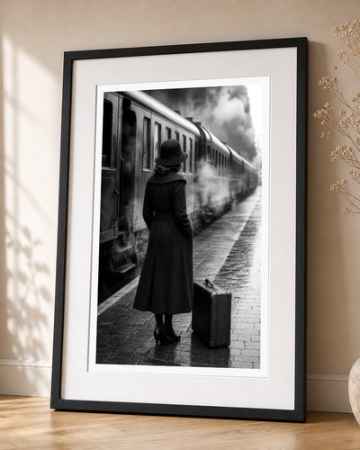 Woman train station print - at, |