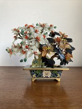 Chinese Jade carnelian carved flowers Bonsai Tree Cloisonne Flower planter 