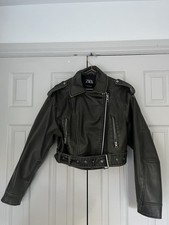 Zara Women's Grey Faux Leather Cropped Biker Jacket with Belt. Size Small