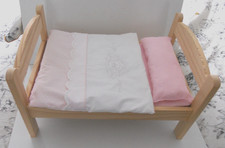 IKEA Wooden Dolls t Bed +  PRINCESS PINK WHITE Bedding 19" LONG   14" WIDE  wood