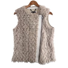 Mint Velvet Gilet Vest Size UK 10 Faux Fur Shaggy Beige Collarless Zipped Boho
