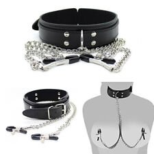 Faux Leather Collar Metal Chain Clamp Clip Bondage Adult Slave Sex BDSM Toy 