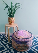 Indian Handmade Round Ethnic Embroidery Vintage Patchwork Footstool Pouffe Cover