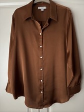 M & S Rust Satin Shirt Long Sleeve Party Blouse Occasion Size 14
