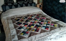 Patchwork quilt, lap quilt, Jewel colours and brown. Squares en pointe design.