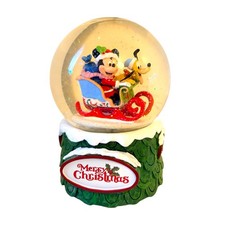 Jim Shore Disney Traditions Mickey Pluto in Santa's Sleigh Musical Snow Globe