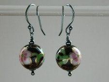 Vintage CLOISONNE Black Blue Green Pink Flower Beads & Oxidised Silver Earrings