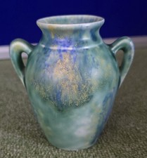 Vintage Empire Ware England Drip Glaze Twin Handle Vase Green Blue Yellow 1930s