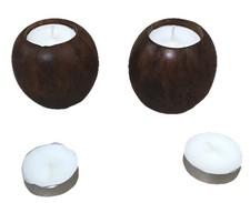 Pair Of Indonesian Hand Turned Dark Brown Wooden Tea Light Holders With Candles