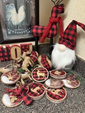 Lots Wooden Christmas Tree Plaid Deer Decorations Ornaments Hobby Lobby “21 Pcs”