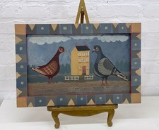 Naive Pigeon Painting Homing Framed Folk Art On Board Large House Home