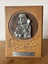 WW2 Era German Fire Brigade Feuerwehr Award Plaque Wearing Helmet Holding Hose