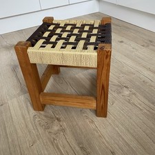 Vintage Wooden Foot Stool Woven Rattan String Seat Plant Stand Cottage